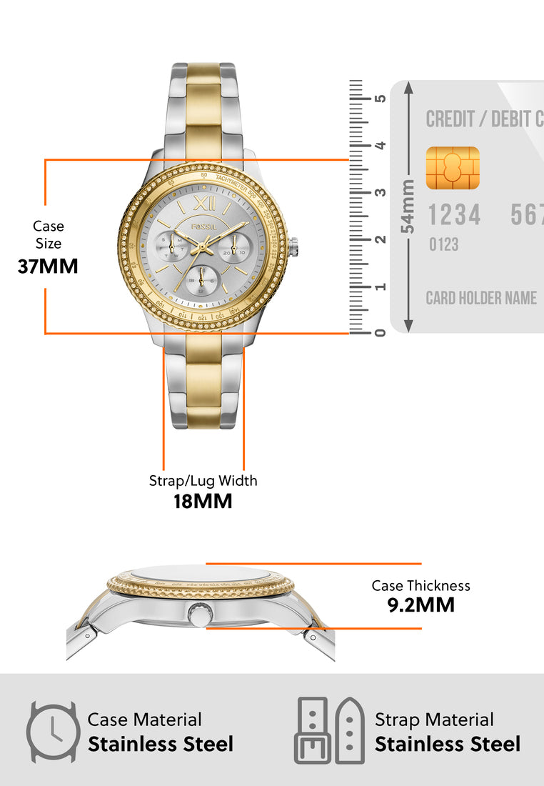 Fossil Stella Sport Multifunction Silver Dial Two Tone Steel Strap Watch for Women - ES5107