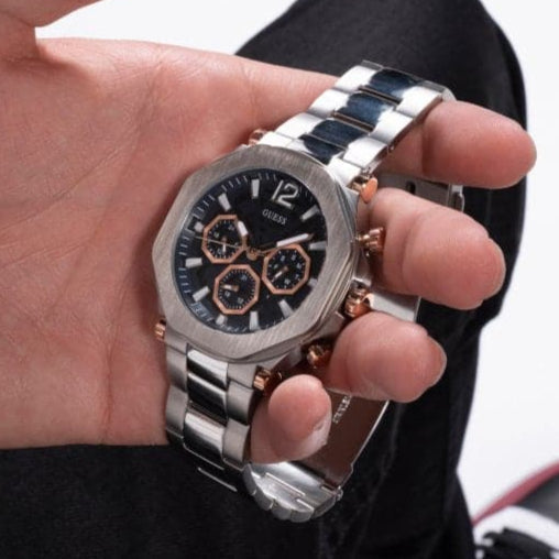 Guess Edge Chronograph Black Dial Silver Steel Strap Watch For Men - GW0539G1