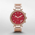 Michael Kors Parker Chronograph Red Dial Rose Gold Steel Strap Watch For Women - MK6106