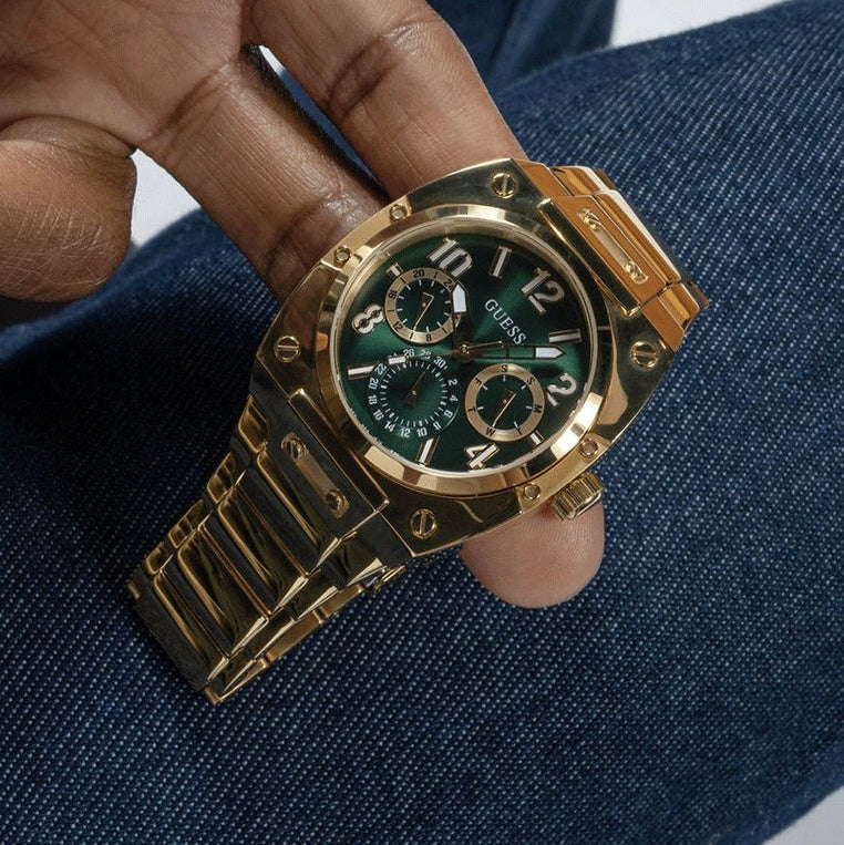 Guess Trend Analog Green Dial Gold Steel Strap Watch For Men - GW0624G2
