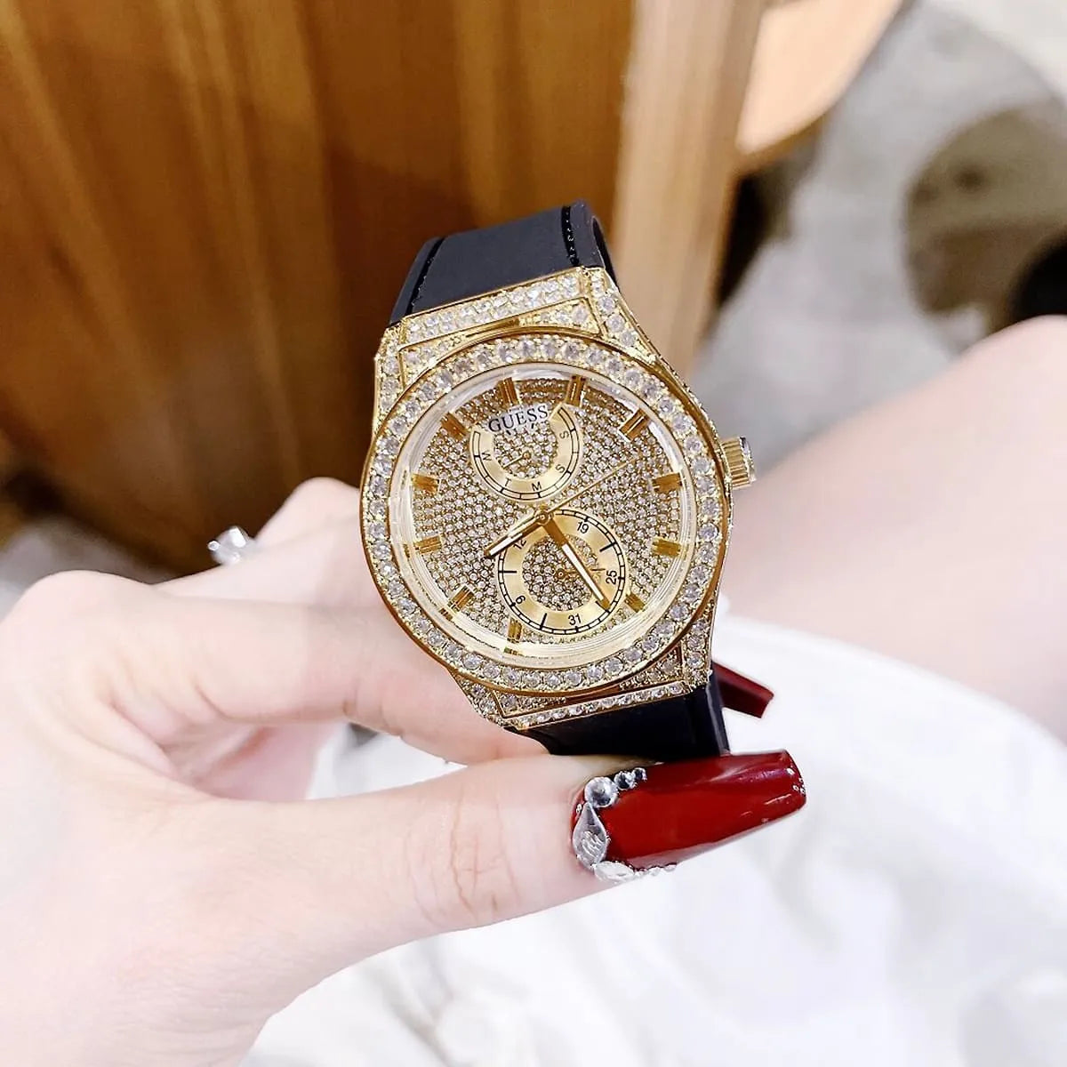 Guess Princess Crystals Gold Dial Black Silicone Strap Watch For Women - GW0439L2