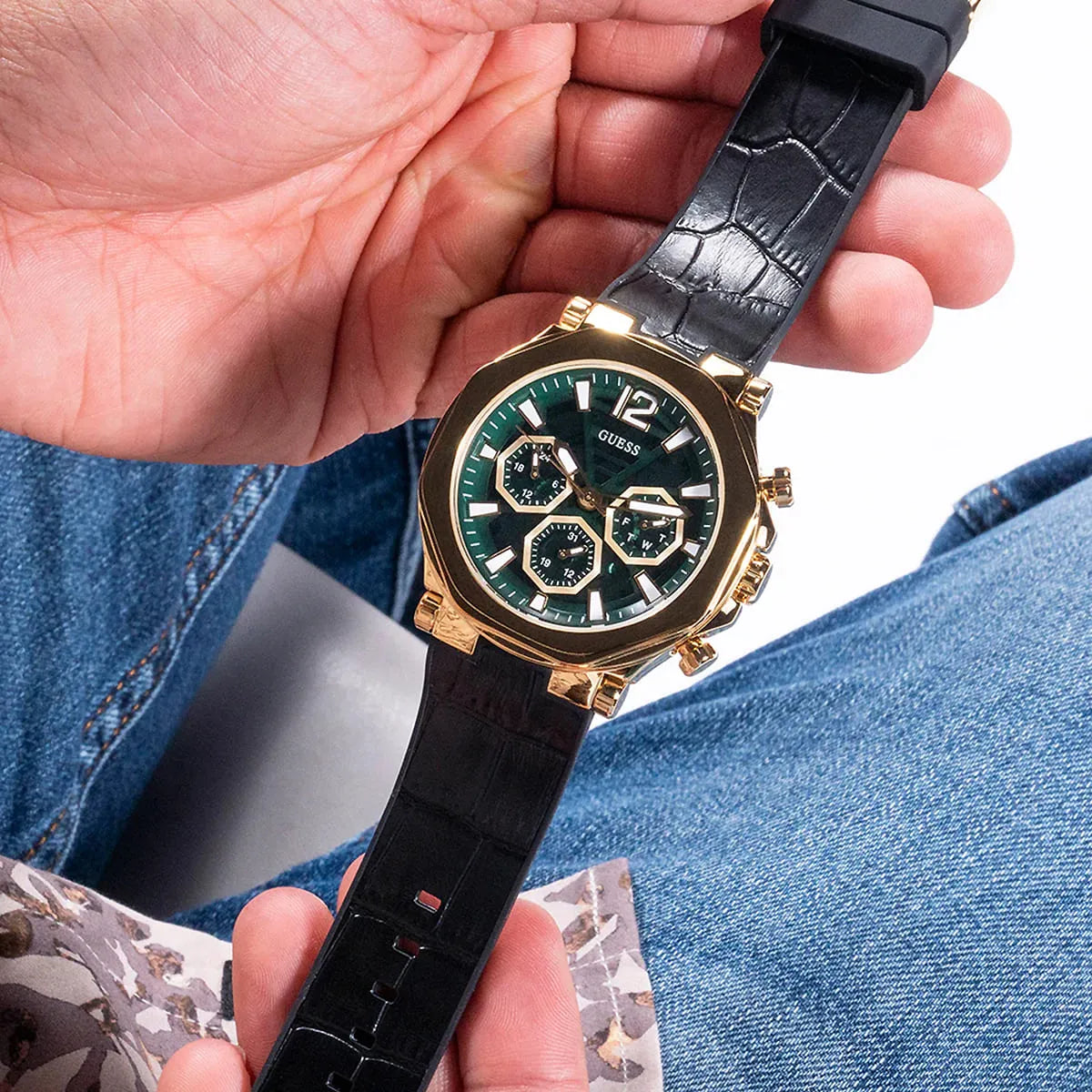 Guess Edge Chronograph Green Dial Black Leather Strap Watch For Men - GW0492G3