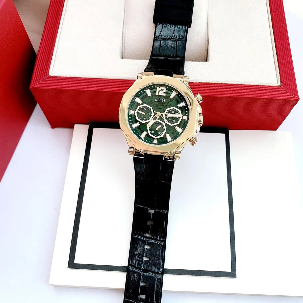Guess Edge Chronograph Green Dial Black Leather Strap Watch For Men - GW0492G3