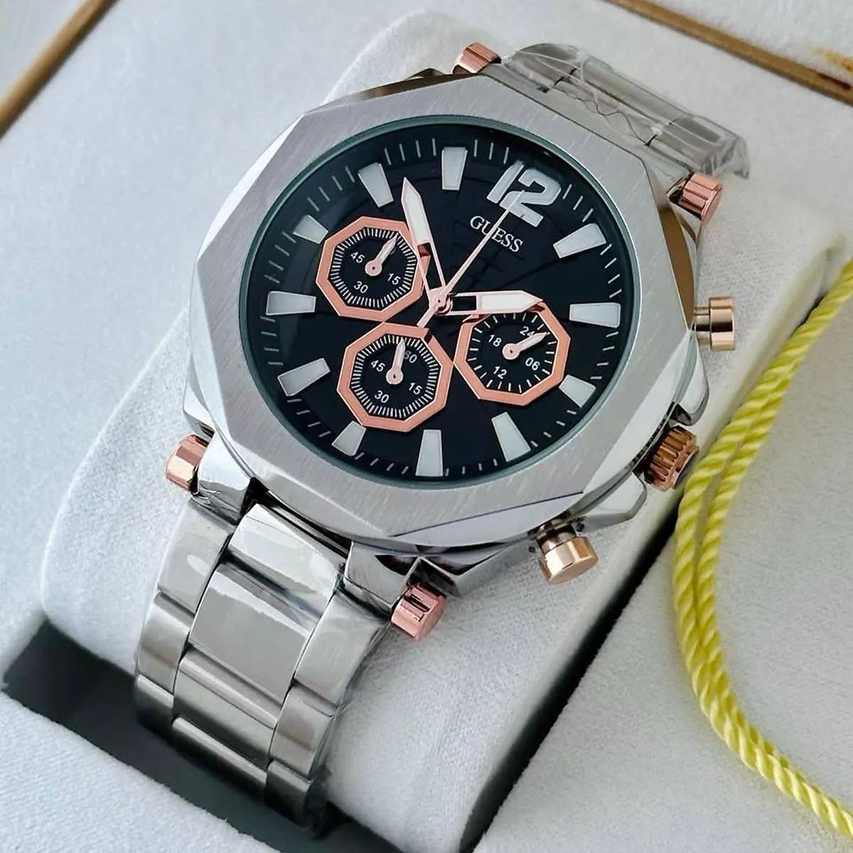Guess Edge Chronograph Black Dial Silver Steel Strap Watch For Men - GW0539G1