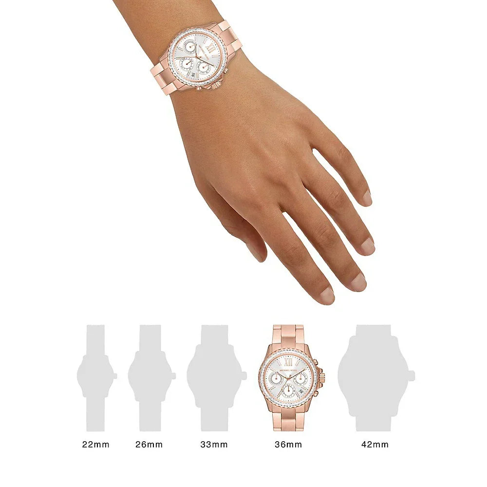 Michael Kors Everest Chronograph Silver Dial Rose Gold Steel Strap Watch For Women - MK7213