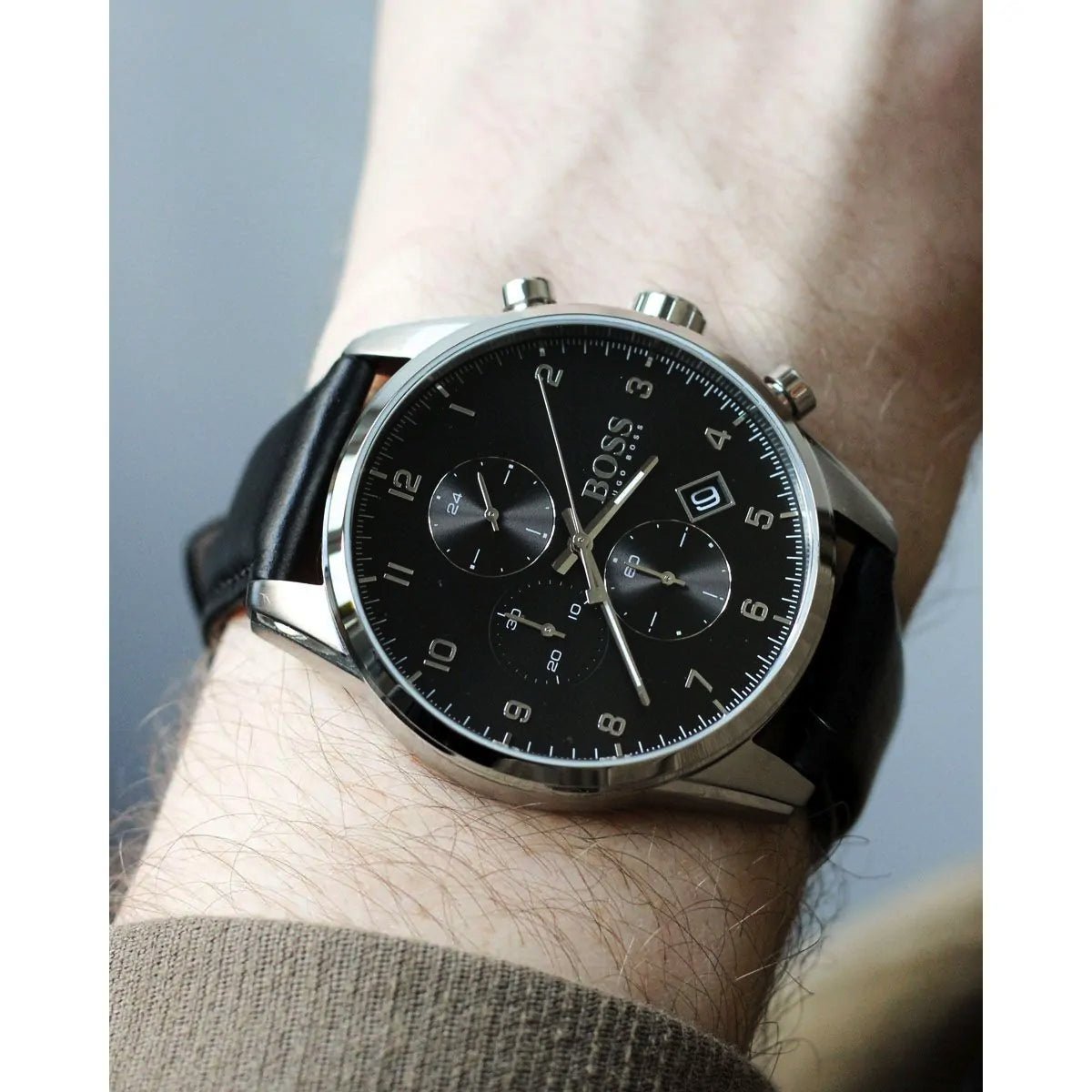 Hugo Boss Skymaster Black Dial Black Leather Strap Watch for Men - 1513782