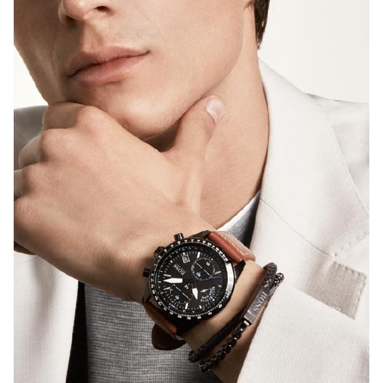 Hugo Boss Pilot Black Dial Brown Leather Strap Watch for Men - 1513851