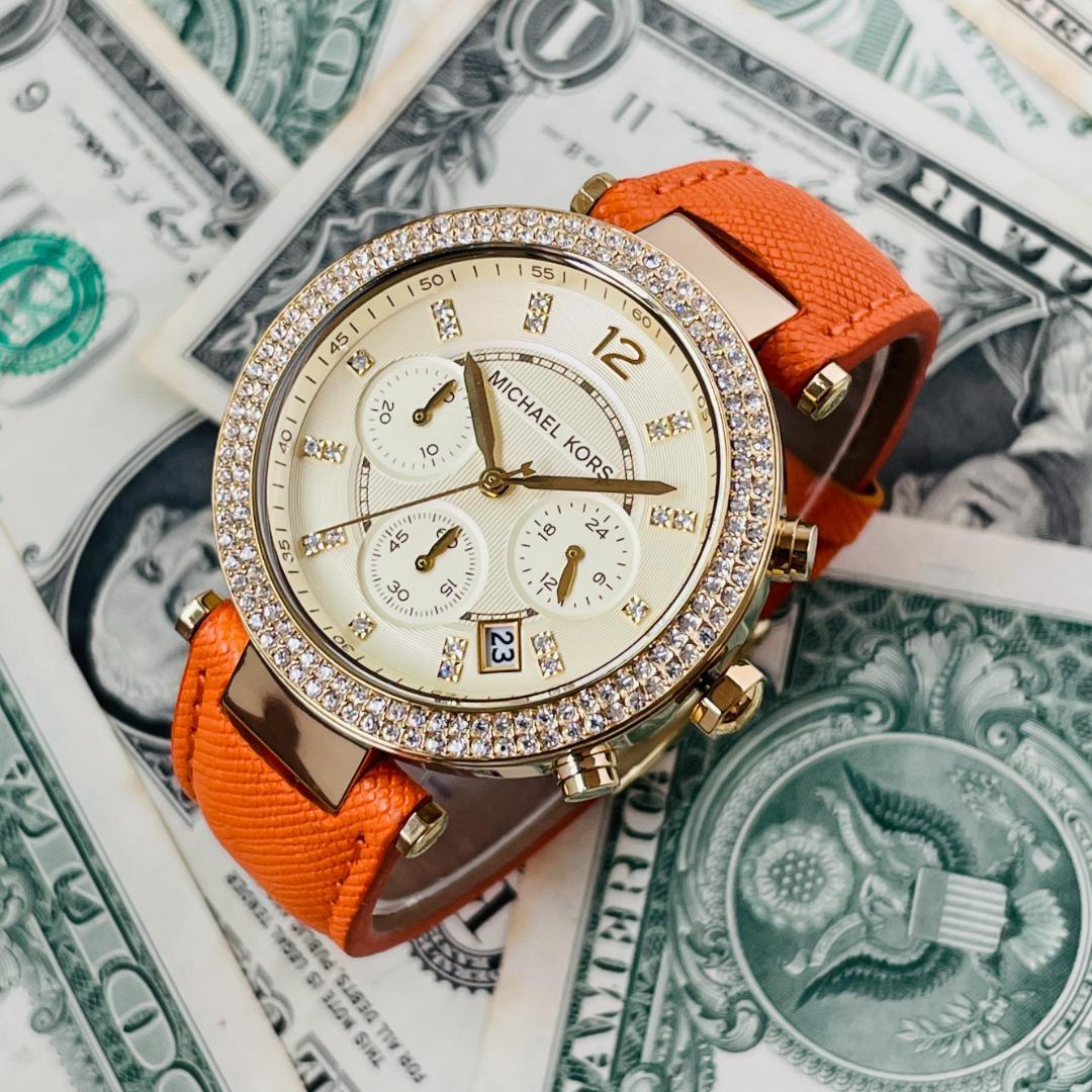 Michael Kors Parker Champagne Dial Orange Leather Strap Watch for Women - MK2279