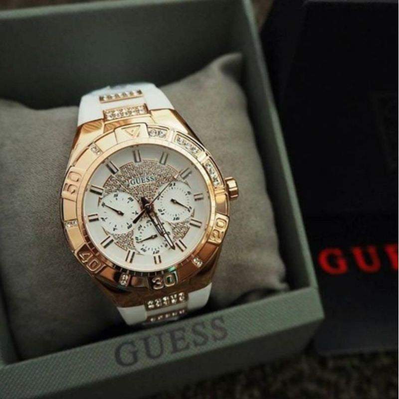 Guess Luna Diamonds White Dial White Rubber Strap Watch for Women - W0653L4