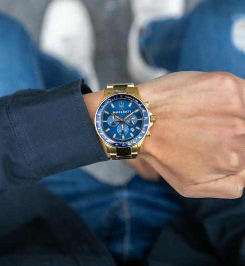 Maserati SFIDA Analog Blue Dial Gold Stainless Steel Watch For Men - R8873640008