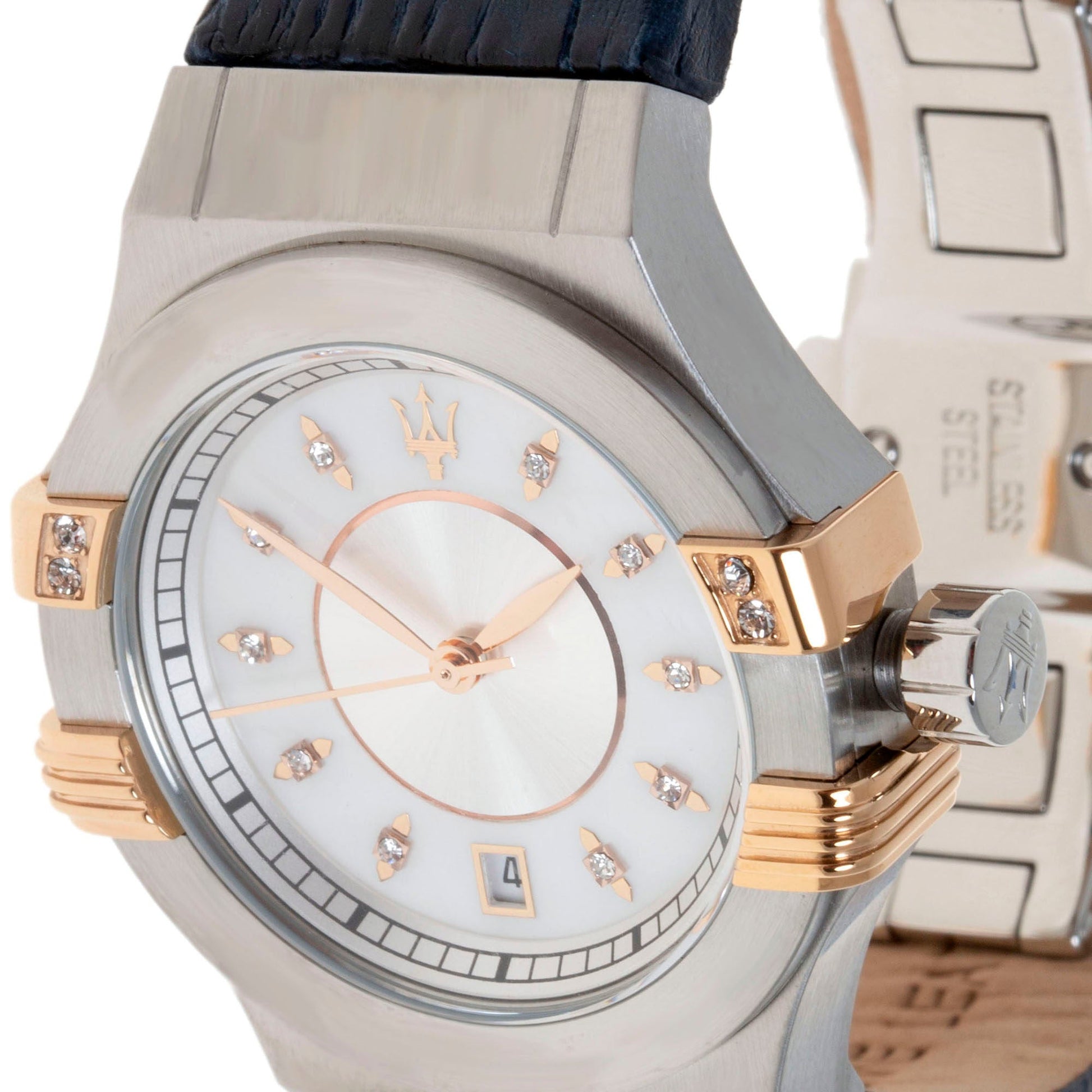 Maserati Potenza Diamonds Silver Dial Blue Leather Strap Watch For Women - R8851108502