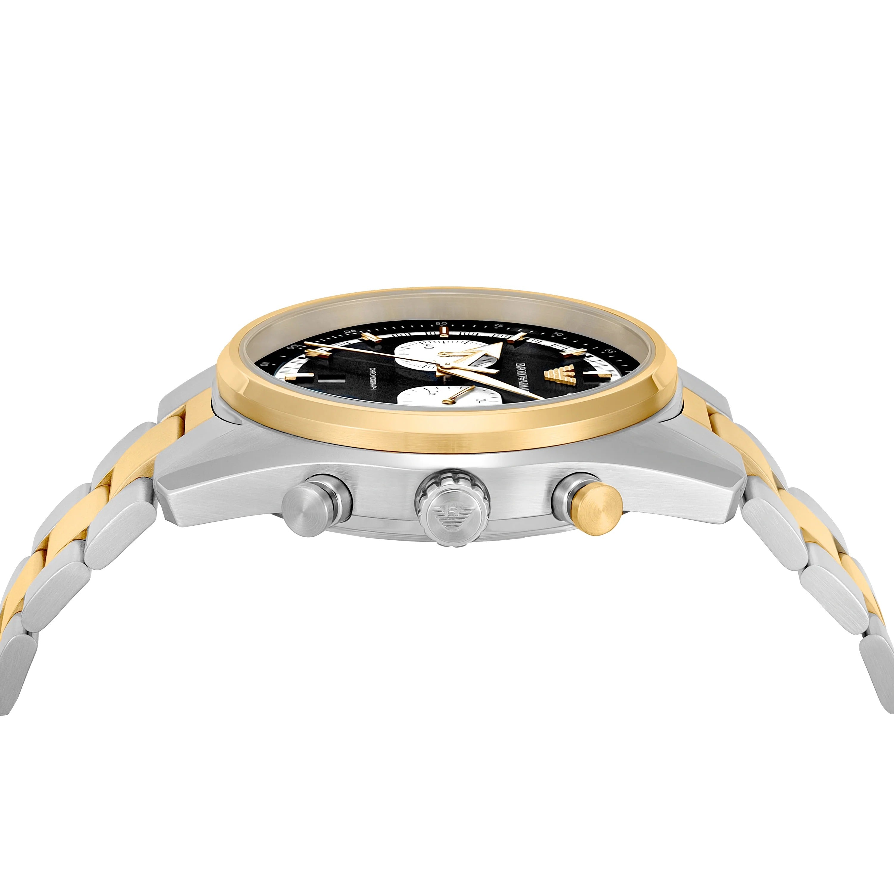Emporio Armani Racer Chronograph Black Dial Two Tone Steel Strap Watch for Men - AR11678