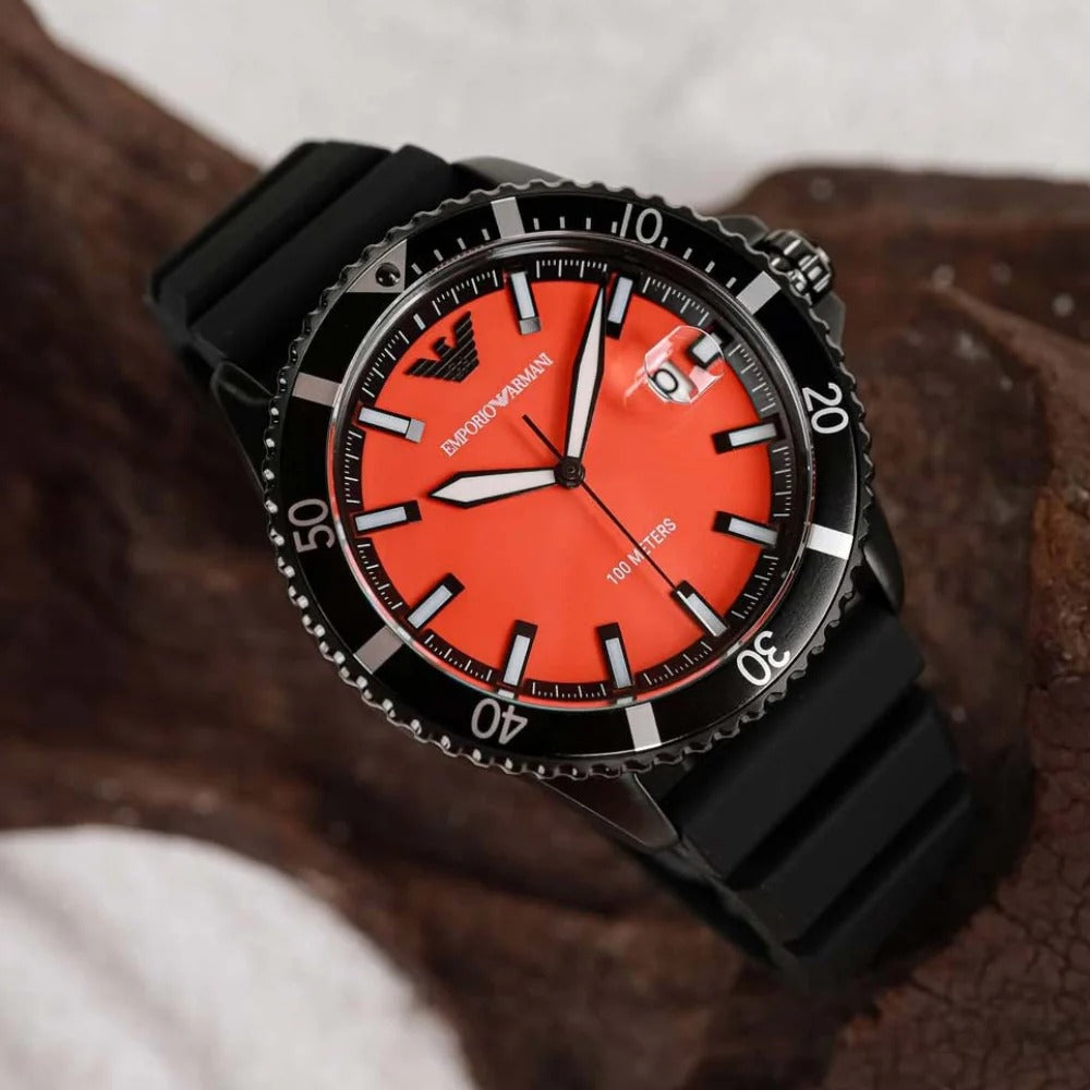 Emporio Armani World Explorer Orange Dial Black Silicone Strap Watch for Men - AR11684