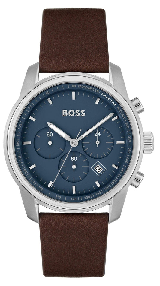 Hugo Boss Trace Chronograph Blue Dial Brown Leather Strap Watch for Men - 1514002