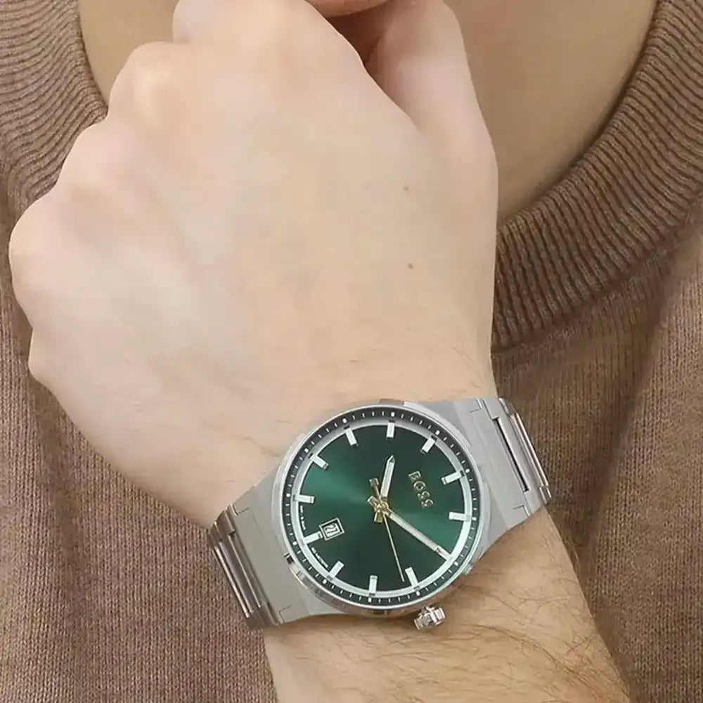 Hugo Boss Candor Green Dial Silver Steel Strap Watch for Men - 1514079