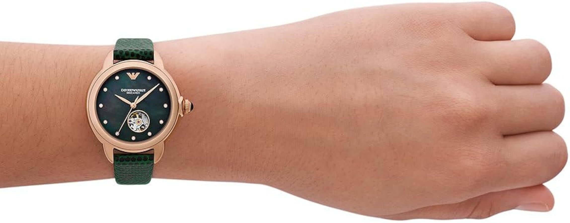 Emporio Armani Mia Meccanico Mother of Pearl Dial Green Leather Strap Watch for Women - AR60073