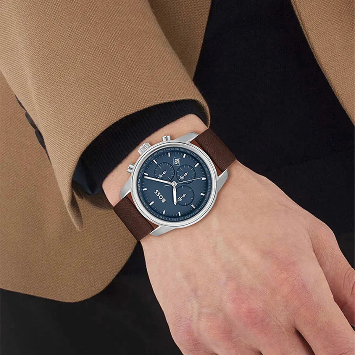 Hugo Boss Trace Chronograph Blue Dial Brown Leather Strap Watch for Men - 1514002