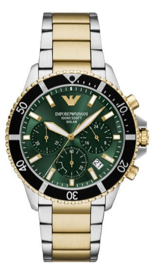 Emporio Armani World Explorer Chronograph Green Dial Two Tone Steel Strap Watch for Men - AR11695