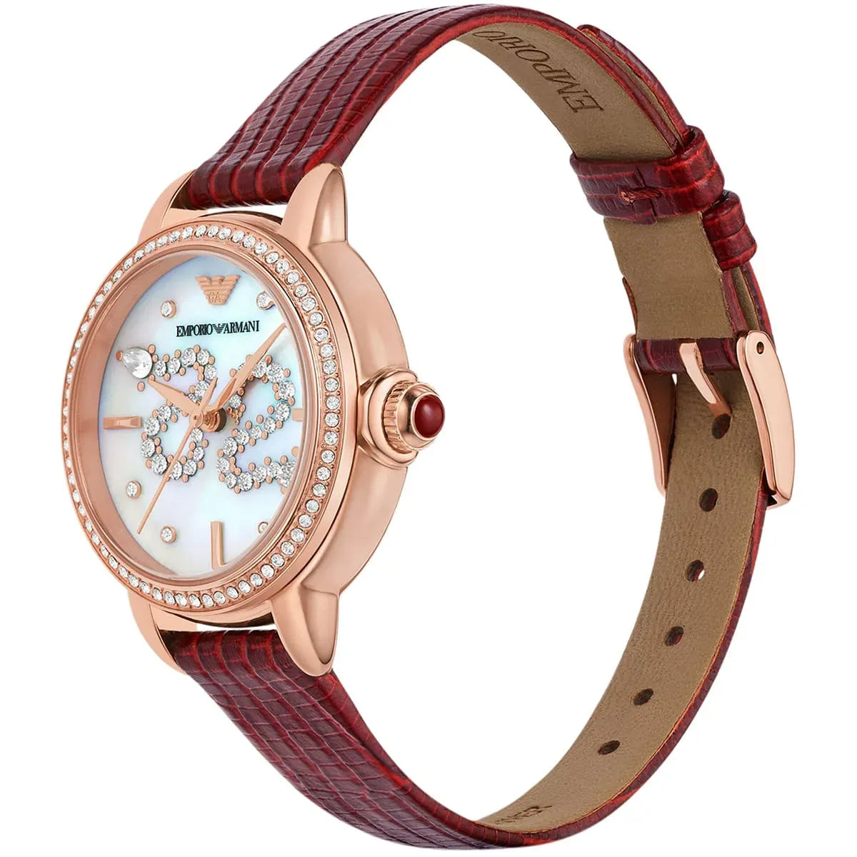 Emporio Armani Mia Mother of Pearl Dial Red Leather Strap Watch for Women - AR11646
