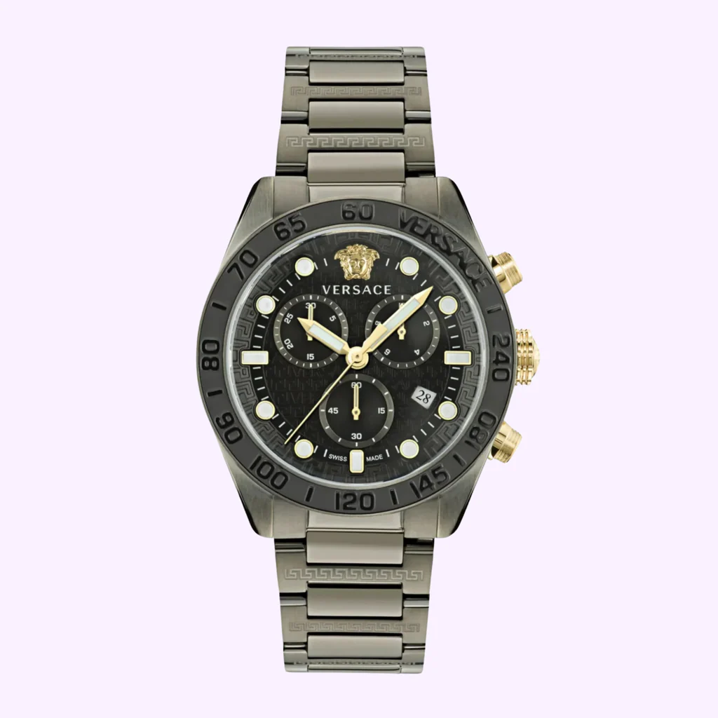 Versace Greca Dome Chronograph Black Dial Grey Steel Strap Watch for Men - VE6K00623