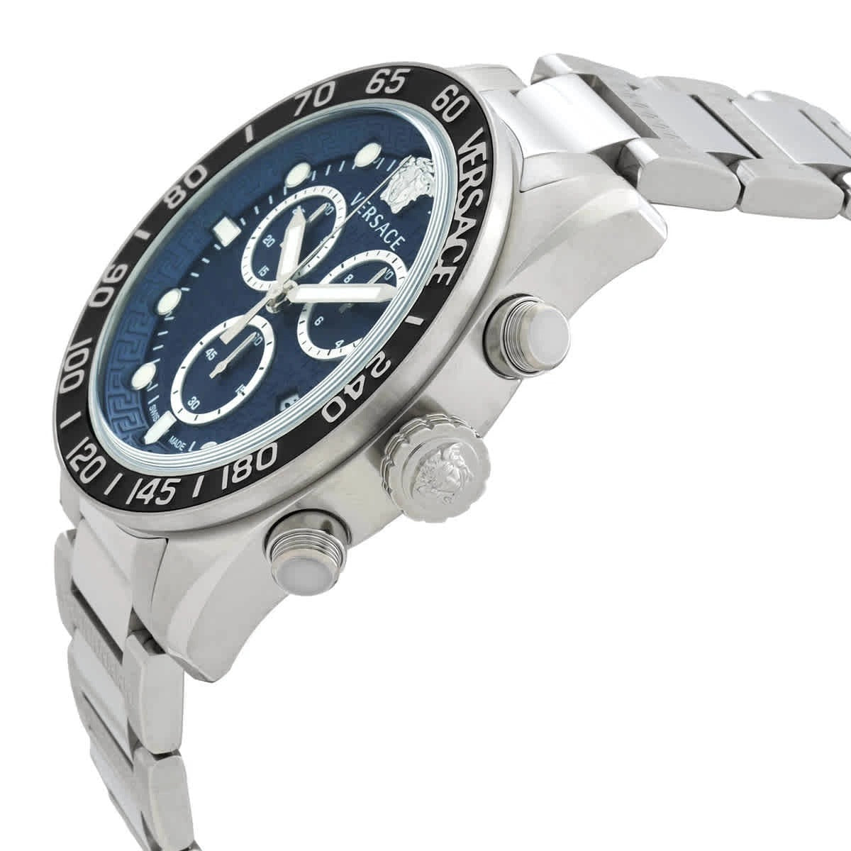 Versace Greca Dome Chronograph Blue Dial Silver Steel Strap Watch for Men - VE6K00323