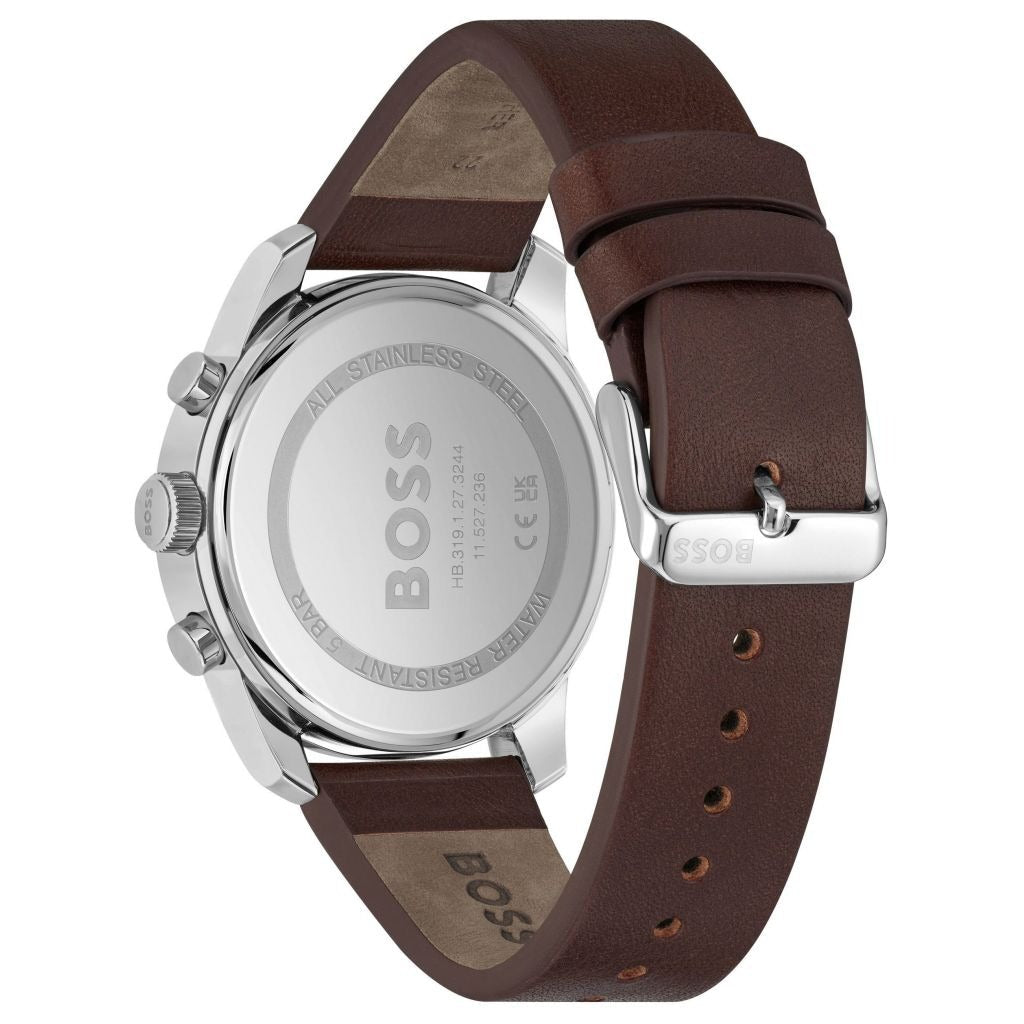 Hugo Boss Trace Chronograph Blue Dial Brown Leather Strap Watch for Men - 1514002