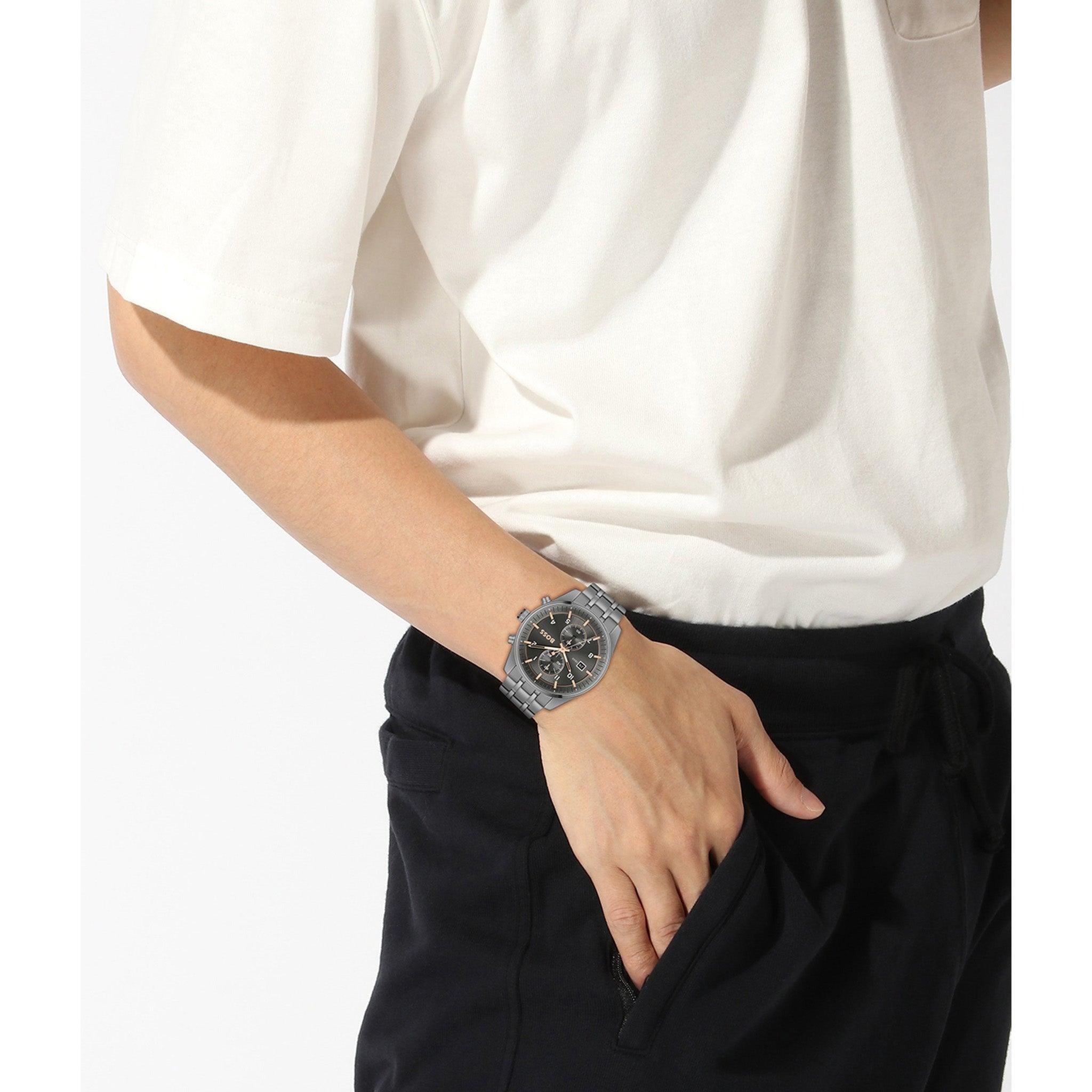 Hugo Boss Skytraveller Chronograph Gunmetal Grey Dial Grey Steel Strap Watch for Men - 1514153