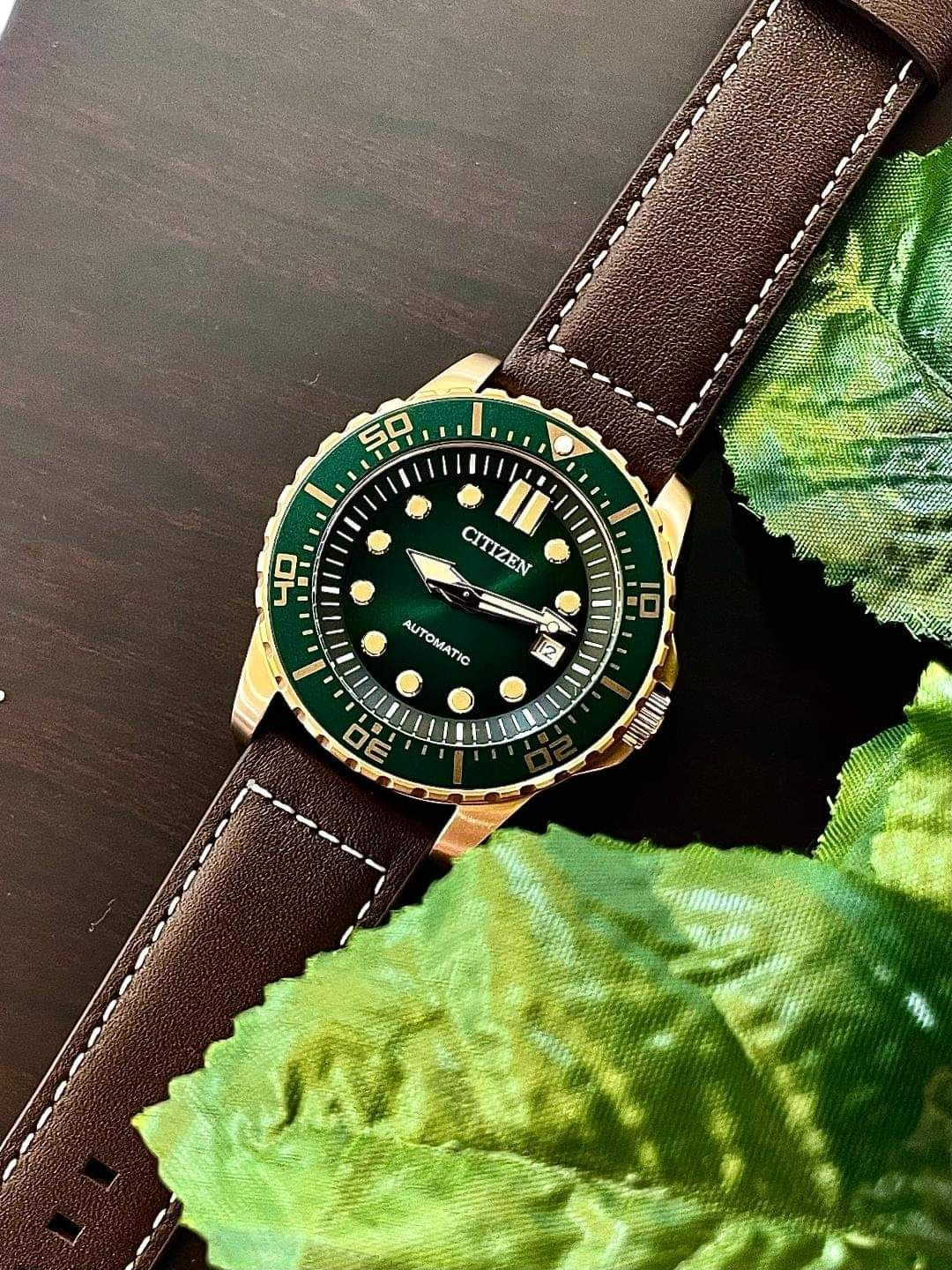 Citizen Mechanical Automatic Green Dial Brown Leather Strap Watch for Men - NJ0173-18X