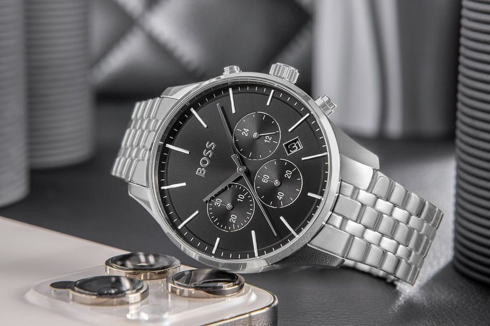 Hugo Boss Avery Chronograph Black Dial Silver Steel Strap Watch for Men - 1514157