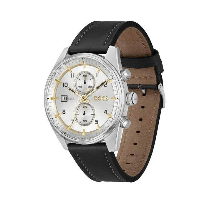 Hugo Boss Skytraveller Chronograph Silver Dial Black Leather Strap Watch for Men - 1514147