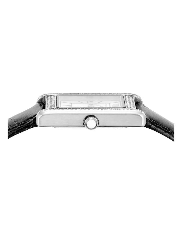Emporio Armani Two Hand Crystals Silver Dial Black Leather Strap Watch for Women - AR11623