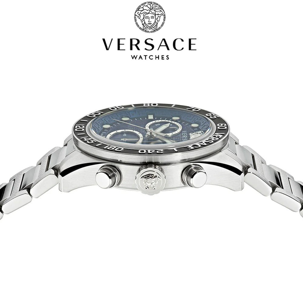 Versace Greca Dome Chronograph Blue Dial Silver Steel Strap Watch for Men - VE6K00323