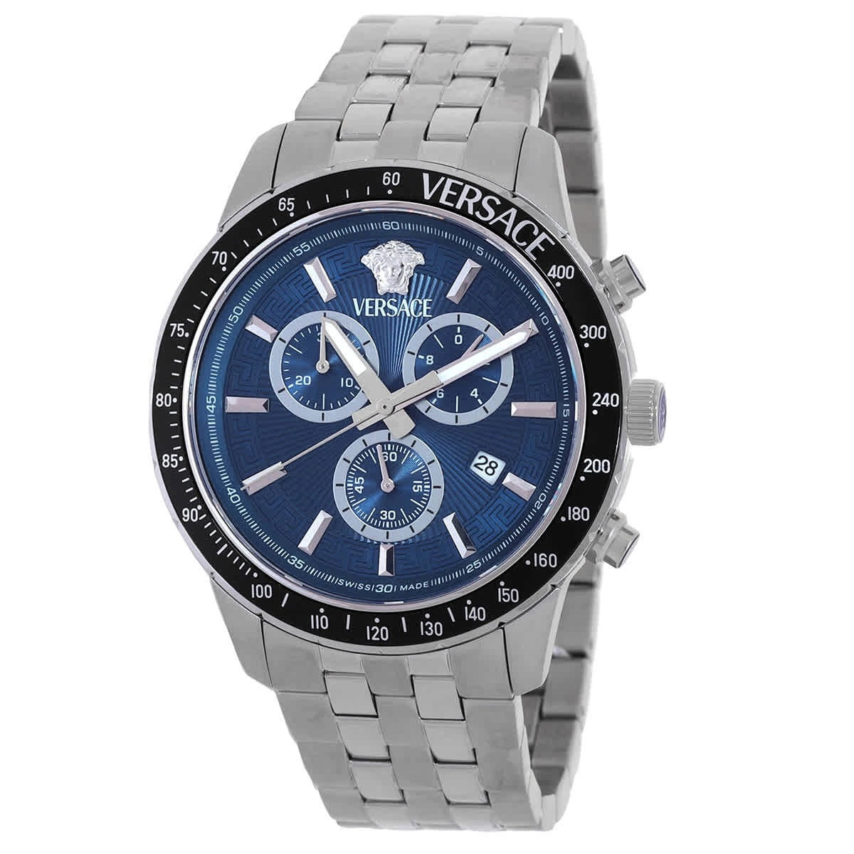 Versace Greca Dome Chronograph Blue Dial Silver Steel Strap Watch for Men - VE6K00323