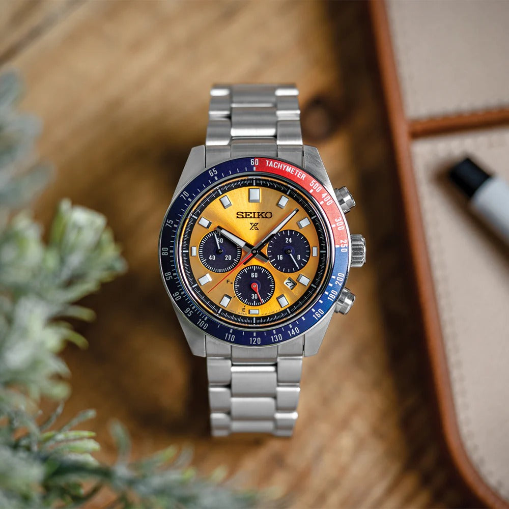 Seiko Prospex Solar Chronograph 1969 Re-interpretation Orange Dial Silver Steel Strap Watch for Men - SSC947