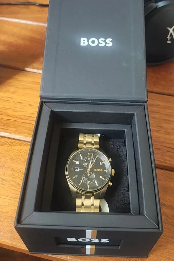 Hugo Boss Skytraveller Chronograph Black Dial Gold Steel Strap Watch for Men - 1514152