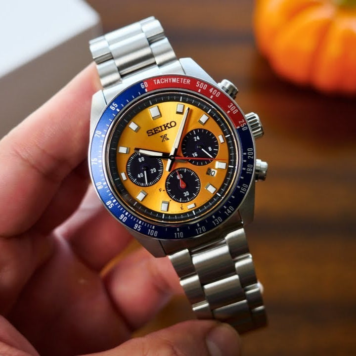 Seiko Prospex Solar Chronograph 1969 Re-interpretation Orange Dial Silver Steel Strap Watch for Men - SSC947