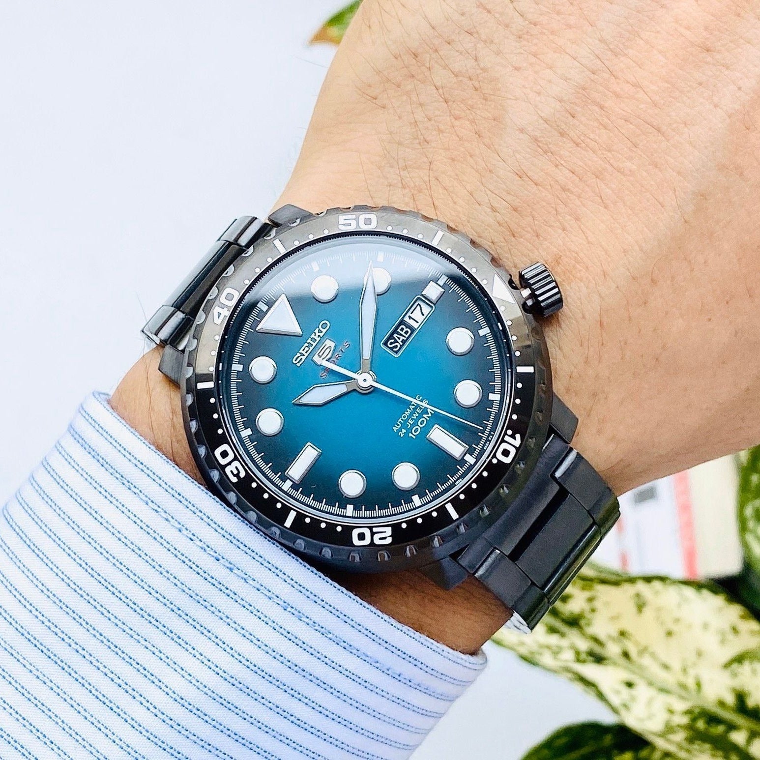Seiko 5 Sports Automatic Turquoise Dial Grey Steel Strap Watch for Men - SRPC65J1