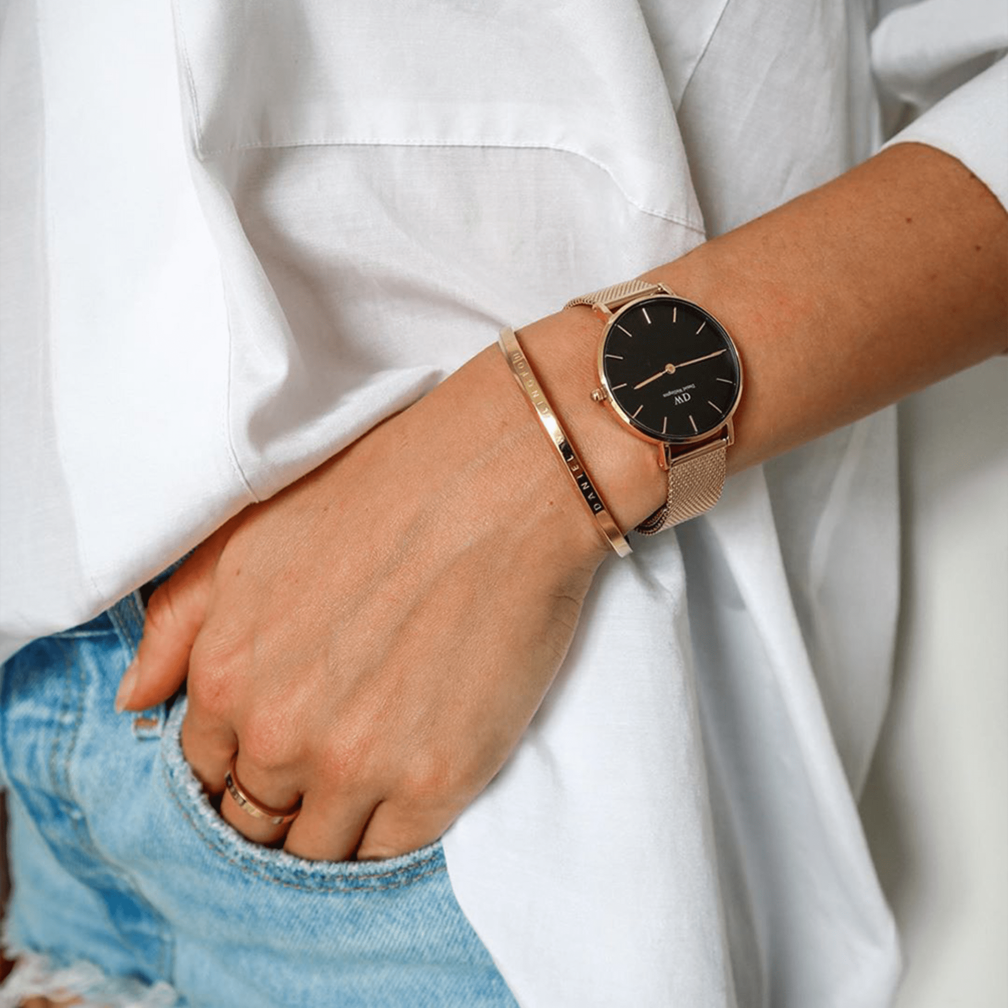 Daniel Wellington Classic Petite Black Dial Gold Mesh Bracelet Watch For Women - DW00100347