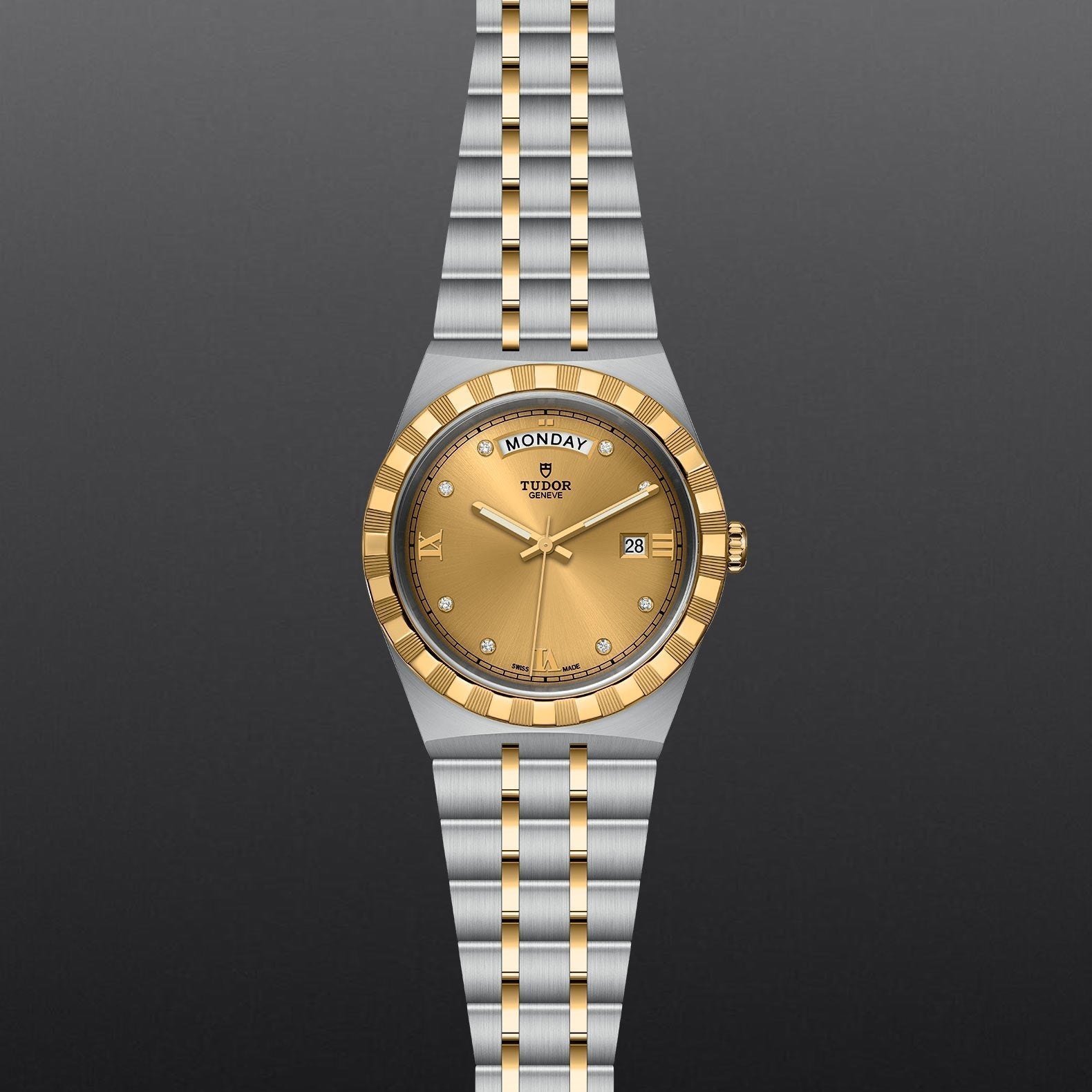 Tudor Royal Automatic Diamonds Gold Dial Two Tone Steel Strap Watch for Men - M28603-0006