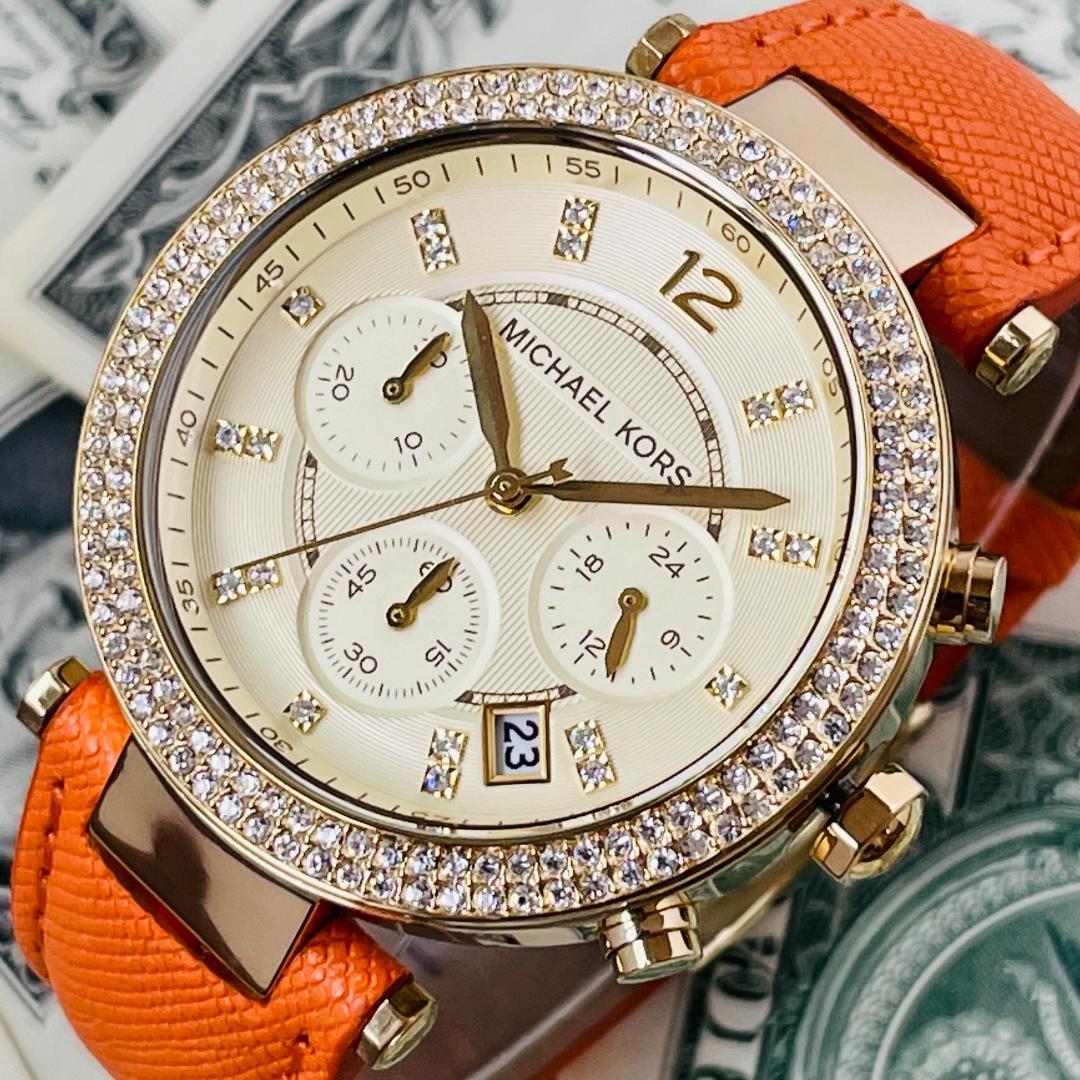 Michael Kors Parker Champagne Dial Orange Leather Strap Watch for Women - MK2279