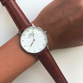 Daniel Wellington Classy St Mawes White Dial Brown Leather Strap Watch For Women - DW00100079