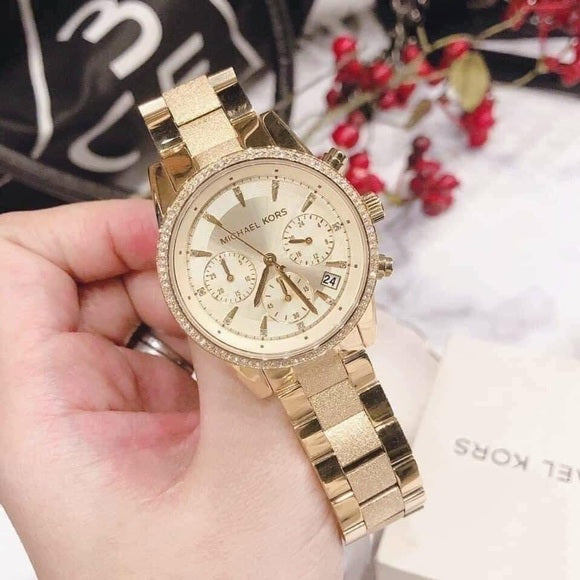 Michael Kors Ritz Chronograph Gold Dial Gold Steel Strap Watch For Women - MK6597