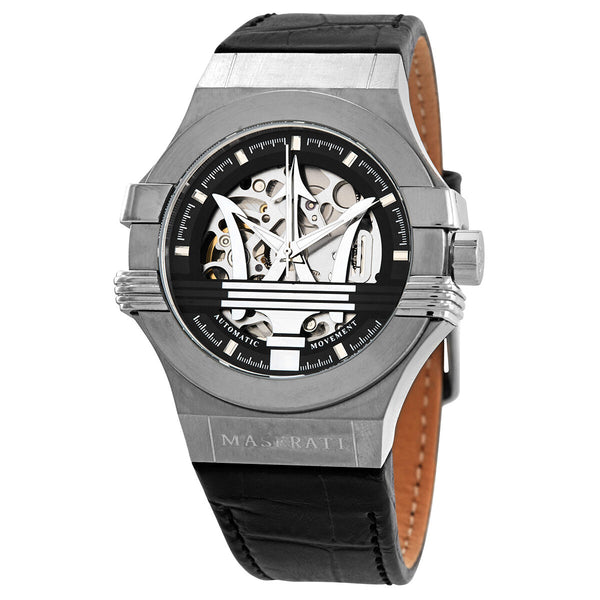 Maserati Potenza Automatic Black Dial Black Leather Strap Watch For Men - R8821108038