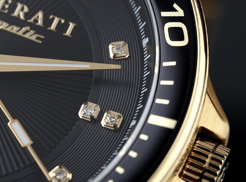 Maserati SFIDA Black Dial Yellow Gold Toned Stainless Steel Watch For Men - R8823140003
