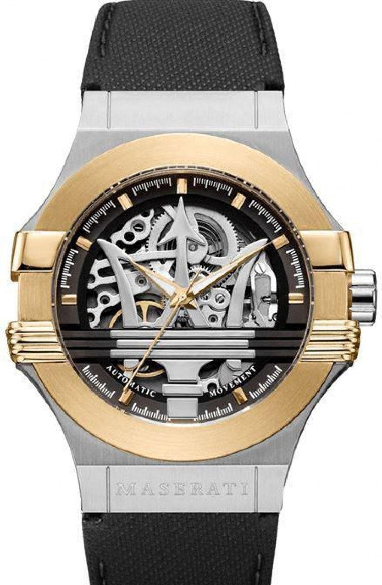 Maserati Potenza Automatic Skeleton Dial Black Leather Strap Watch For Men - R8821108011