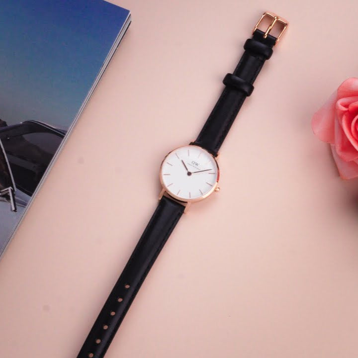 Daniel Wellington Classic Petite Sheffield White Dial Black Leather Strap Watch For Women - DW00100230