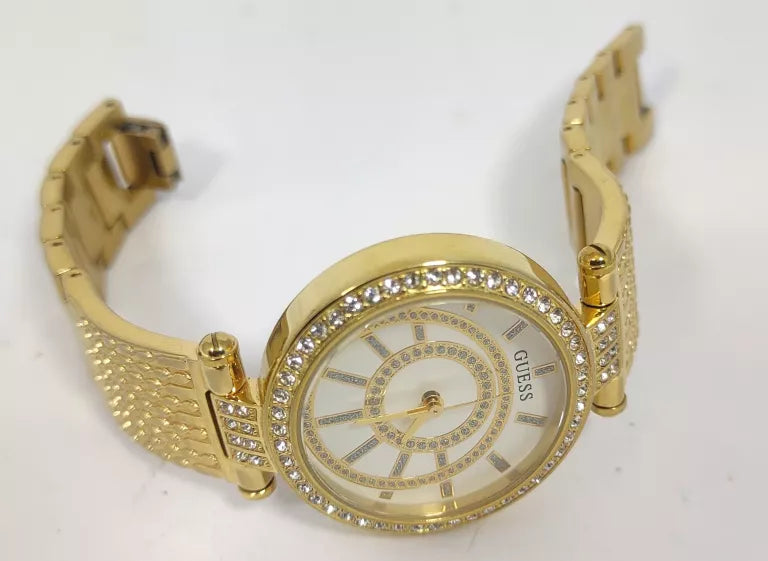 Guess Muse Crystals White Dial Rose Gold Steel Strap Watch For Women - W1008L2