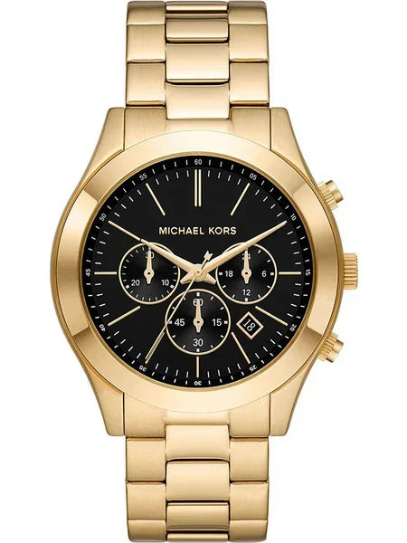 Michael Kors Slim Runway Chronograph Black Dial Gold Steel Strap Watch For Men - MK1076