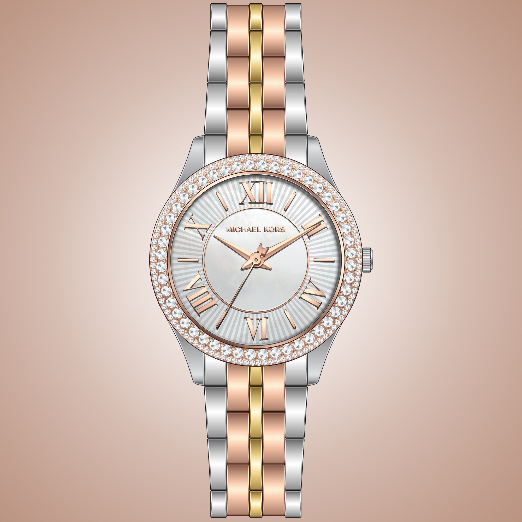 Michael Kors Harlowe Three-Hand Mother of Pearl White Dial Tri Tone Steel Strap Watch for Women - MK4846