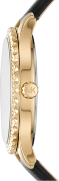 Michael Kors Layton Three Hand Mother of Pearl Black Dial Black Leather Strap Watch For Women - MK2911